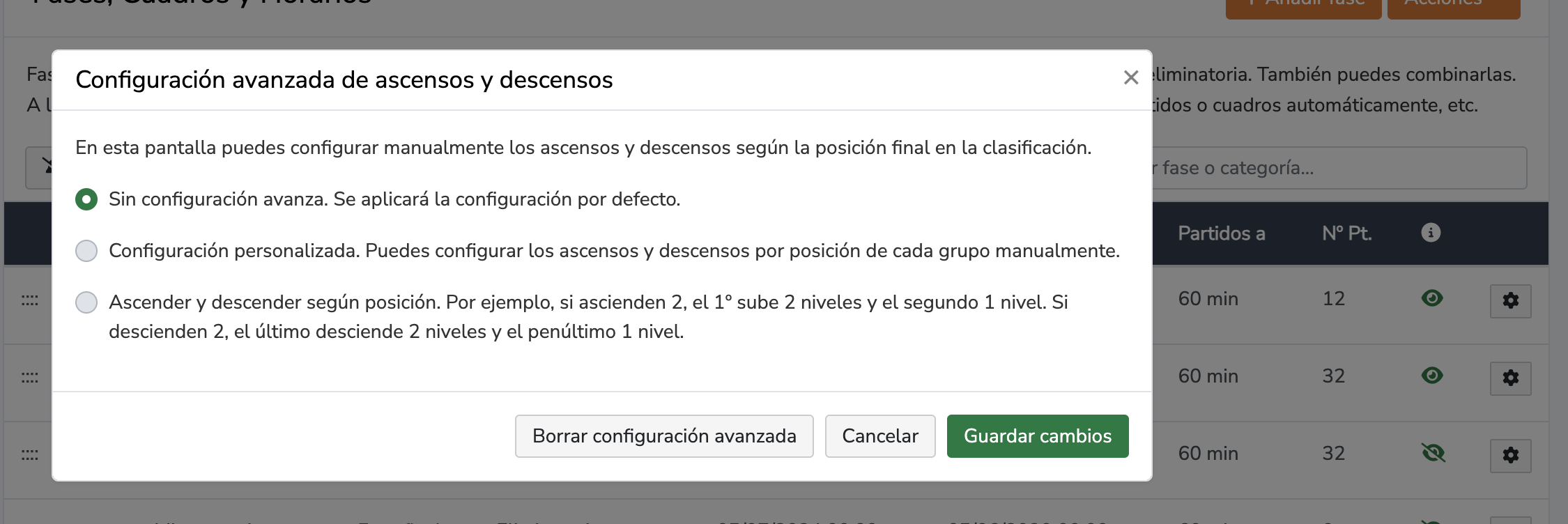 Configuración avanzada de ascensos y descensos